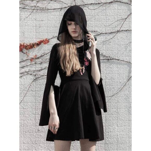 PUNK RAVE Mystery Story Gothic Witchy Alt hooded mini dress - Picture 3 of 9
